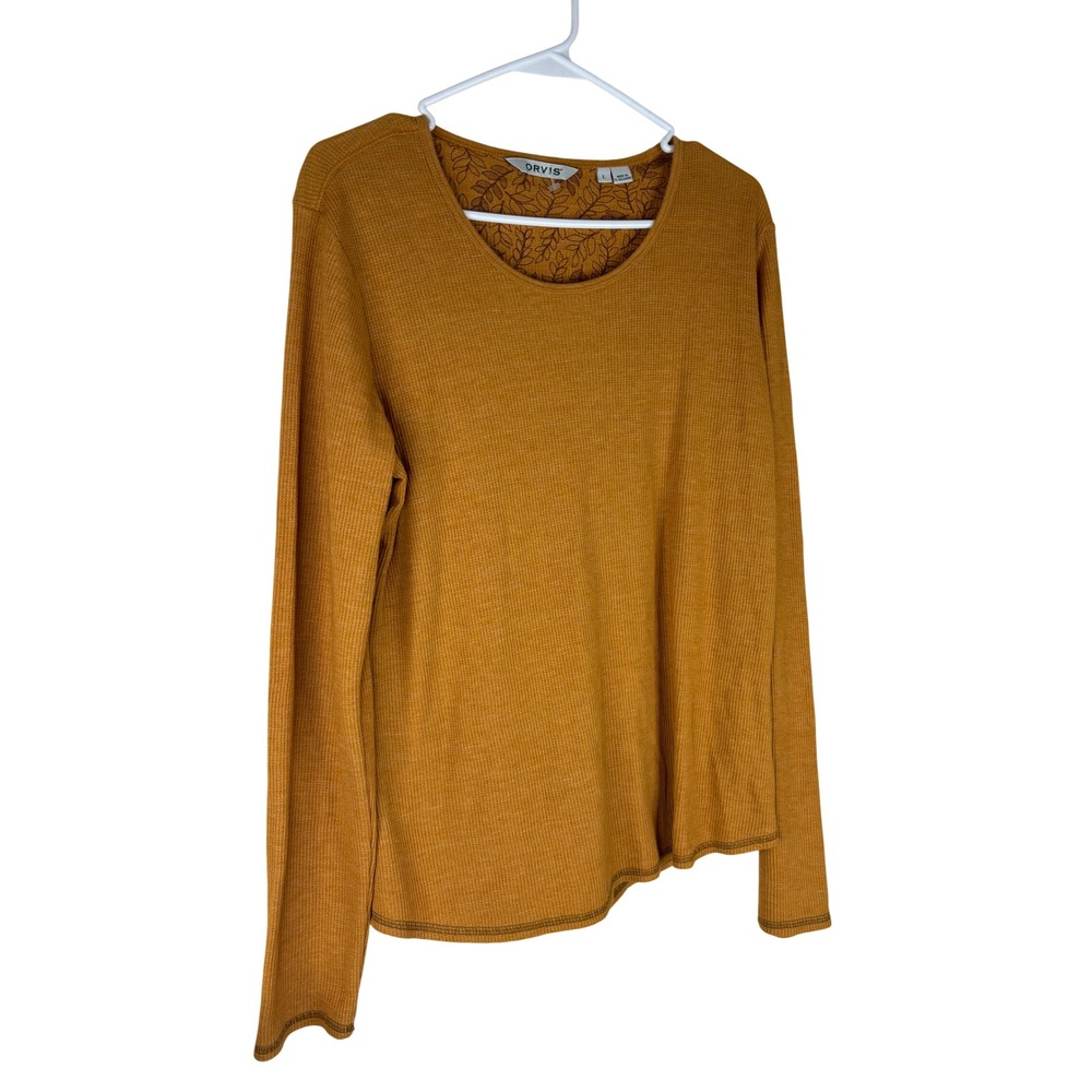 Orvis Shirt Womens Large Yellow Waffle Knit Thermal Long Sleeve Crew Neck Top
